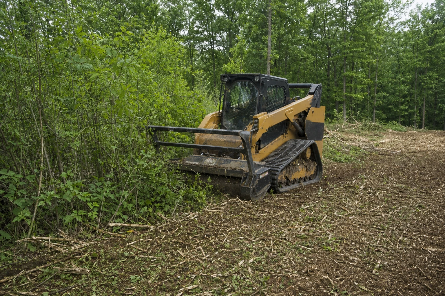 Tracked skid steer using a forestry mulcher to clear brush along a wooded property