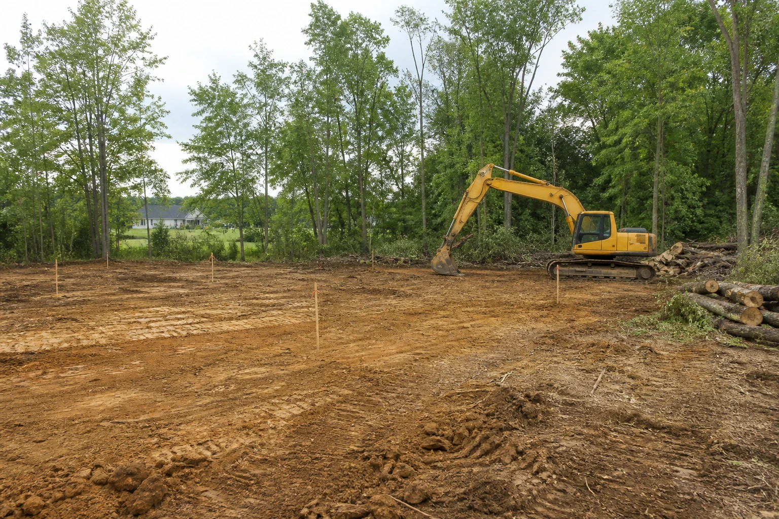 Excavator beside a cleared and staked residential building pad