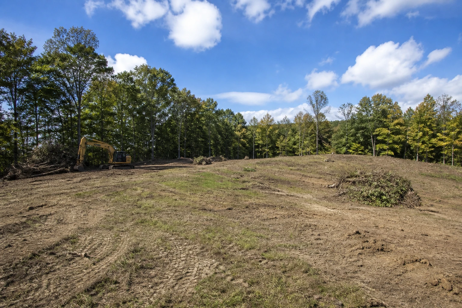 Excavator working along the tree line of a freshly cleared rural property